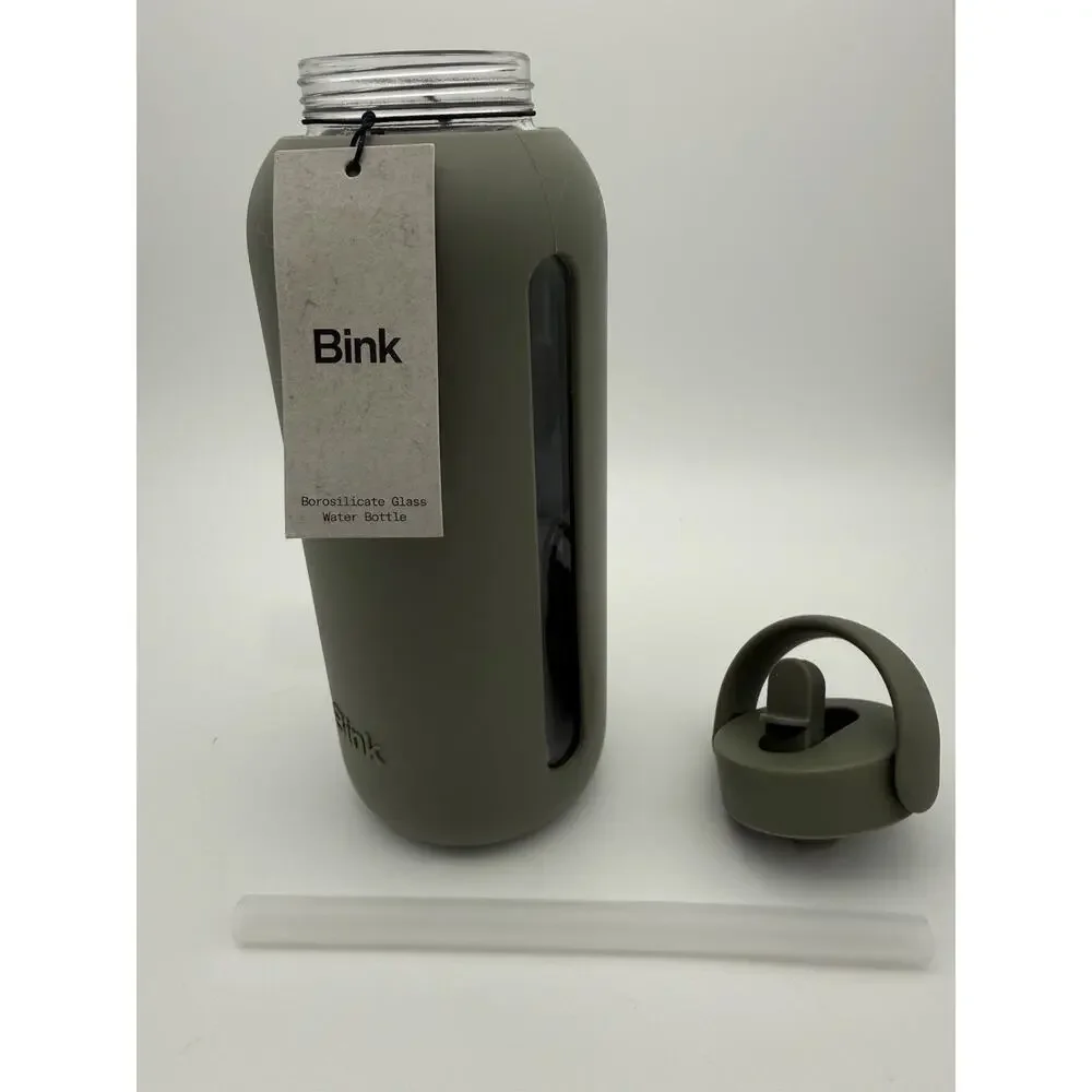 Bink 36 oz Big Water Bottle Flip Cap Lid w/straw Camo Green Borosilicate Glass